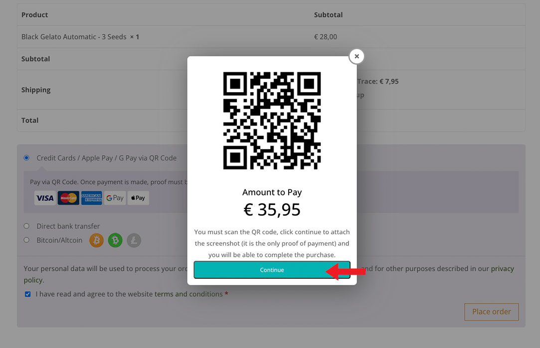 The QR Code payment popup will appear